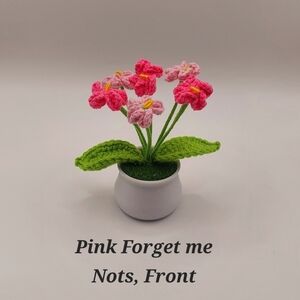 Crocheted Handmade Spring Flowers In Mini Pot W/Grass, Pink Forget Me Nots